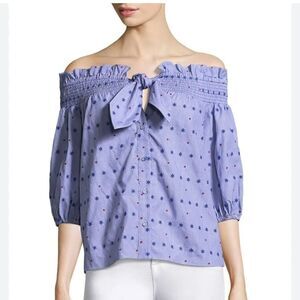 NWT Parker Spade Off-the-Shoulder Embroidered Cotton Top women’s XS blue